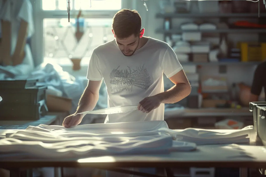 Corporate team members wearing professional custom short sleeve and custom v-neck shirts in a modern office.