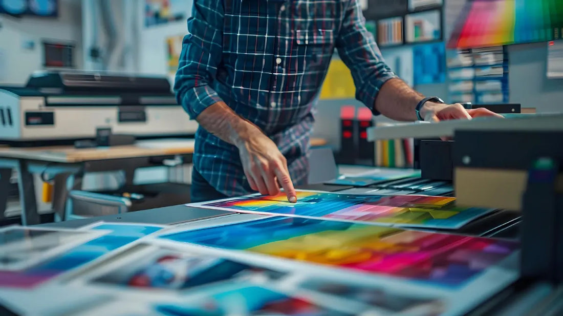 A creator reviewing diverse print on demand clothing samples in a studio.