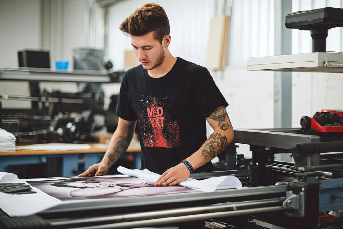 Premium custom short sleeve and custom v-neck t-shirts neatly folded on a minimalist wooden retail shelf.