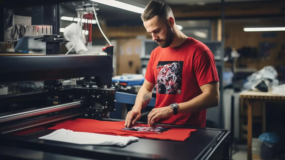 An artist reviewing custom short sleeve and custom v-neck t-shirts featuring their original digital artwork.