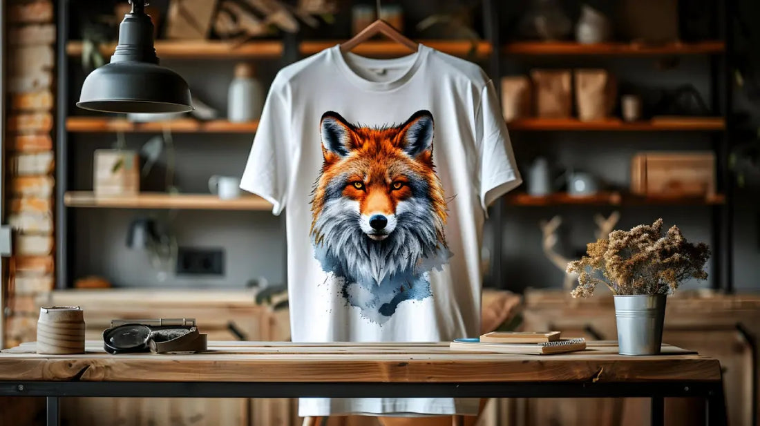 A diverse collection of print on demand apparel neatly organized on a retail display rack.