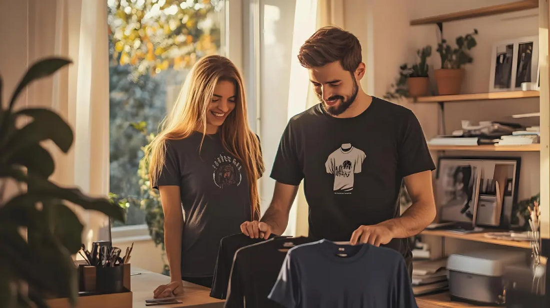 A diverse collection of print on demand apparel and accessories hanging on a rack.