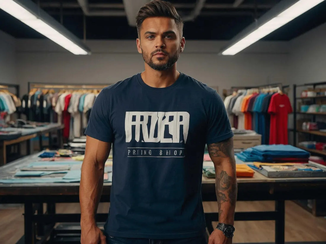 A fashion entrepreneur reviewing premium custom short sleeve and custom v-neck shirts in a studio.