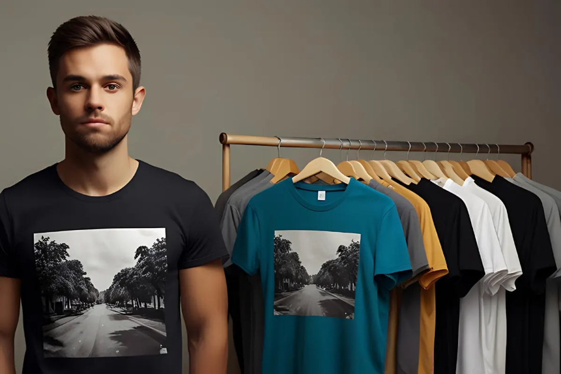 Premium custom short sleeve and custom v-neck shirts styled on a minimalist retail clothing rack.