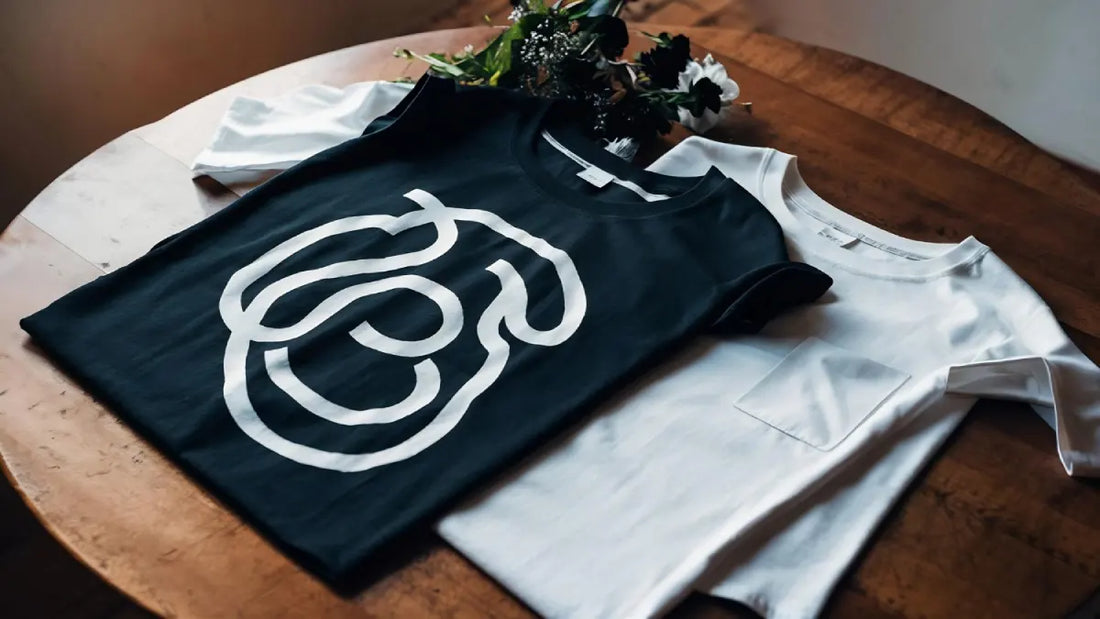 Premium custom short sleeve and custom v-neck shirts folded neatly in an eco-friendly retail space.